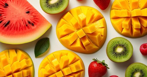 Colorful and artfully arranged slices of fruits like mangoes, strawberries, and kiwi, AI generated