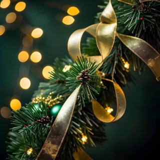 Christmas garland with golden ribbons intertwined with pine needles and tiny twinkling lights,