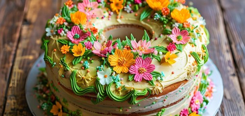 Decorated Easter cake with intricate icing flowers and colorful sprinkles, placed on a rustic