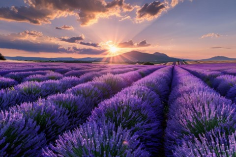 Lavender field (Lavendula) in full bloom on a summer evening, at sunset AI generated, AI generated,