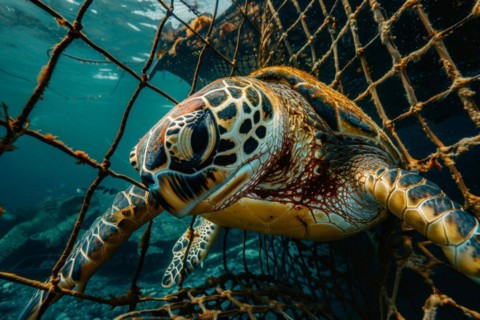 A sea turtle, hawksbill turtle caught in a fishing net, symbolic image for endangered species,