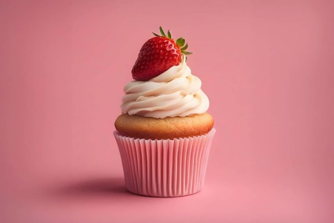 Single strawberry fruit cupcake with frosting on pastel pink colored background. Generative AI, AI