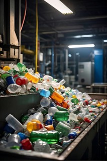 Plastic recycling process with shredded pet bottles and assorted plastic waste compressed, AI