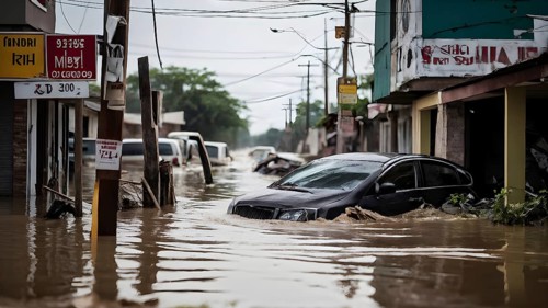 Post flood devastation in an urban landscape, AI generated
