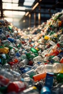 Plastic recycling process with shredded pet bottles and assorted plastic waste compressed, AI