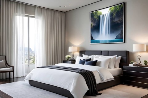 Empty modern bedroom with a large, plush bed covered in white linens, a single framed artwork on