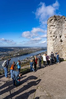View from the ruins of Drachenfels Castle, on the Rhine towards Bonn, tourists, the Drachenfels is