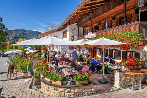Restaurant terrace of Café Winkelstüberl, Fischbachau, Leitzachtal, Upper Bavaria, Bavaria,