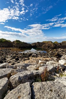 Pristine rocky coastline, coastline, fair weather clouds, Ballintoy Harbour, Causeway Coastal
