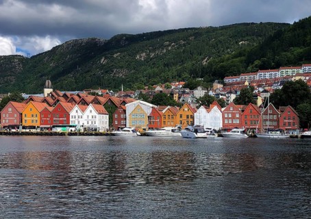 Bergen, Hordaland, Norway, Traditional colourful wooden houses in the Bryggen harbour district,