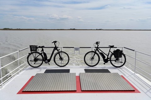 Bicycles on bicycle ferry, Illmitz, Lake Neusiedl National Park, Seewinkel, Burgenland, Austria,