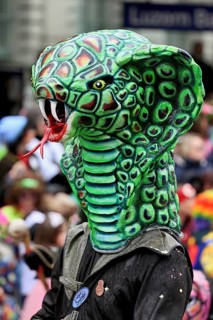 Person masked as a snake head at the carnival parade of the Wey guild on Rose Monday, Güdismäntig,
