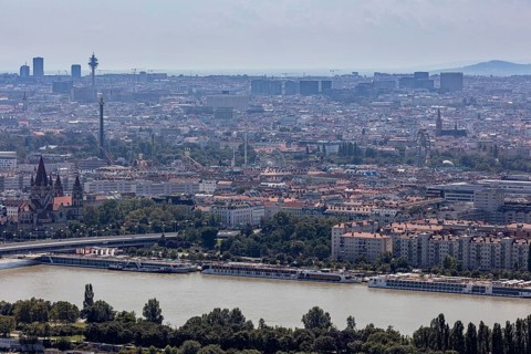 City panorama of Vienna with Danube and urban architecture, Vienna