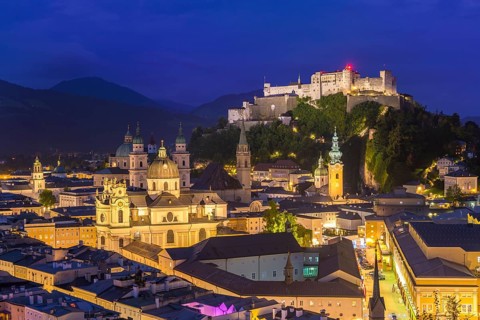 Salzburg by night with the imposing Hohensalzburg Fortress and an impressive panorama, Salzburg,