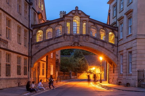Hertford Bridge or Bridge of Sighs at dusk Oxford, Oxfordshire, England, United Kingdom, Europe