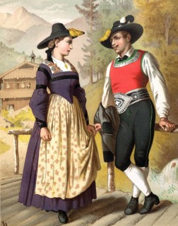 Traditional costumes in Germany around 1820, Tyrol, Zillertal, couple in traditional traditional