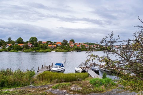 View from the island of Saltö to the famous allotment garden colony Brändaholm on the island of