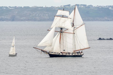 Large old traditional sailing boat in a bay on the Atlantic. Camaret sur mer, Crozon, Finistere,