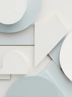 Minimalist composition of overlapping geometric shapes with clean lines and muted soft pastel