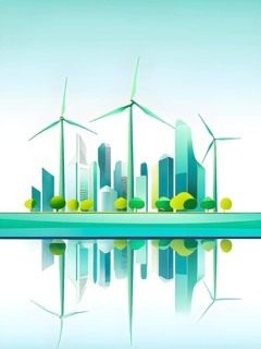 Abstract visual illustration of a city skyline where buildings morph into wind turbines and tree,
