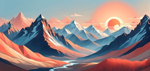 Minimalist landscape with stylized mountains and a setting sun, represented by simple geometric