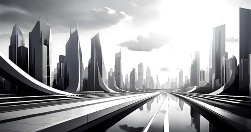 Modern city skyline using clean lines and geometric forms, with rectangular buildings and smooth,