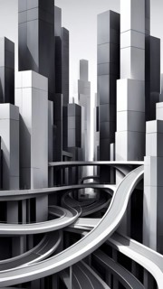 Modern city skyline using clean lines and geometric forms, with rectangular buildings and smooth,