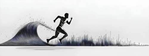 Wave of data points shaping into a runners silhouette, abstract illustration in black and white,