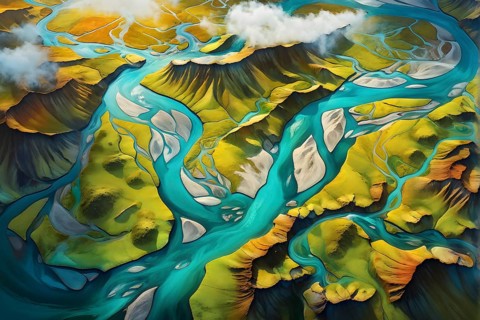 Aerial view perpendicular top down of an abstract colorful river along the coastline, AI generated