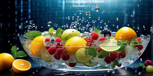 Vibrant illustration of a bowl brimming with a cascade of fresh fruits and vegetables, AI generated