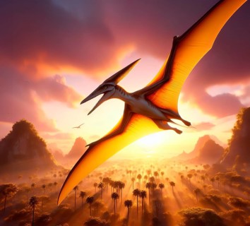 Prehistory, prehistory, a dinosaur, a flying dinosaur, a pterodactyl flies over a prehistoric
