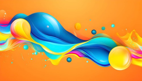 Abstract wallpaper with colorful turquoise and yellow blobs and liquid shapes on a orange