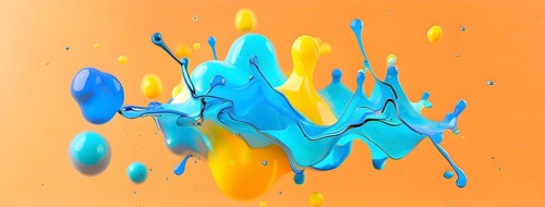 Abstract wallpaper with colorful turquoise and yellow blobs and liquid shapes on a orange