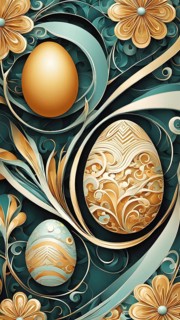 A whimsical abstract pattern with intertwined ribbons, eggs, and floral motifs, with a mix of sharp