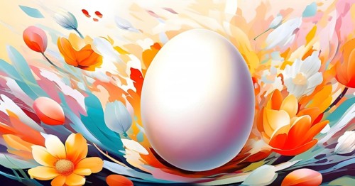 An energetic, abstract explosion of spring colors with egg and flower motifs subtly integrated,
