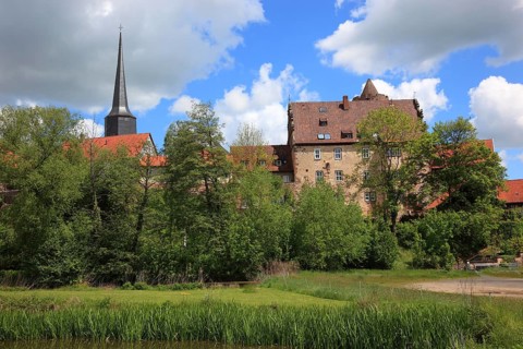 Hinterburg castle and Protestant town church, Schlitz, small town in the east of the Vogelsberg