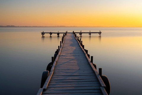 Sunrise at Lake Dümmer, jetty, path, jetty, stillness, lake, Dümmerlohhausen, Lower Saxony,
