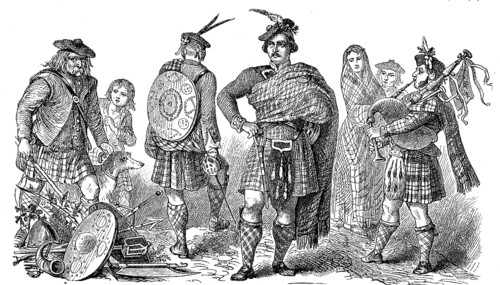 National traditional costume from Scotland, men in kilts, illustration from 1880, historical,