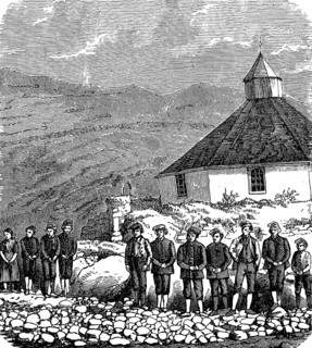 Church on Strömö, main island of the Faroe Islands, with a group of locals, in 1890, Historical,