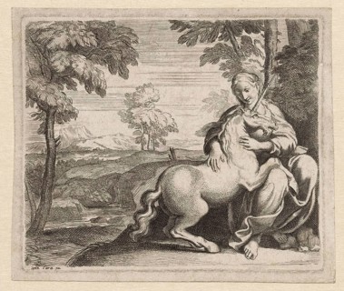 Young Woman with a Unicorn, c. 1602, Italy, Historic, digitally restored reproduction from a 19th