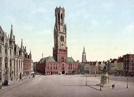 The Great Square with the Belfry, Bruges, Belgium, Historical, digitally restored reproduction from