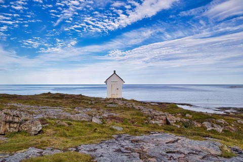 Small white hut on the island of Andoya, Vesterålen, Norway, Europe