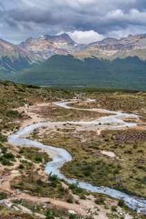 Torrent with glacier water on the way to Laguna Esmeralda, Tierra del Fuego Island, Patagonia,