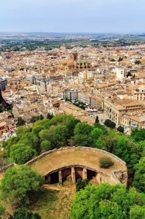 City view with cathedral, sea of houses from above, view from the Alhambra, Granada, Andalusia,