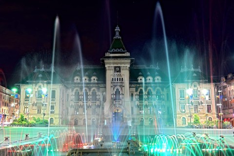 Craiova, Krajowa, Kragau, prefecture and fountain in the city centre, Little Wallachia, Romania,
