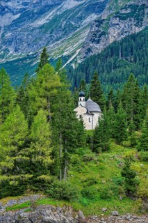 Lake chapel Maria am See, Obernberger See, mountain lake, landscape of the Stubai Alps, weather