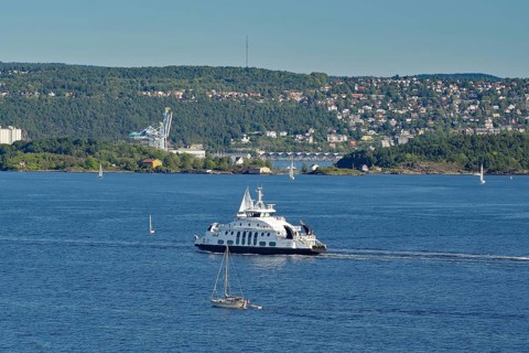 A ferryboat in the calm sea, with an urban landscape and green hills in the background, electric