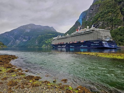 A large cruise ship, Mein Schiff 6, lies in the fjord, surrounded by green mountains under a cloudy
