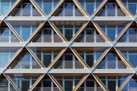 Façade with honeycomb structure, office building The Cradle, innovative timber hybrid building by