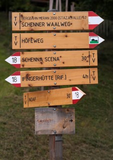 Signposts, signpost forest, signposts, Schenner Waalweg, Neuwaal, Schenna, Scena, South Tyrol,